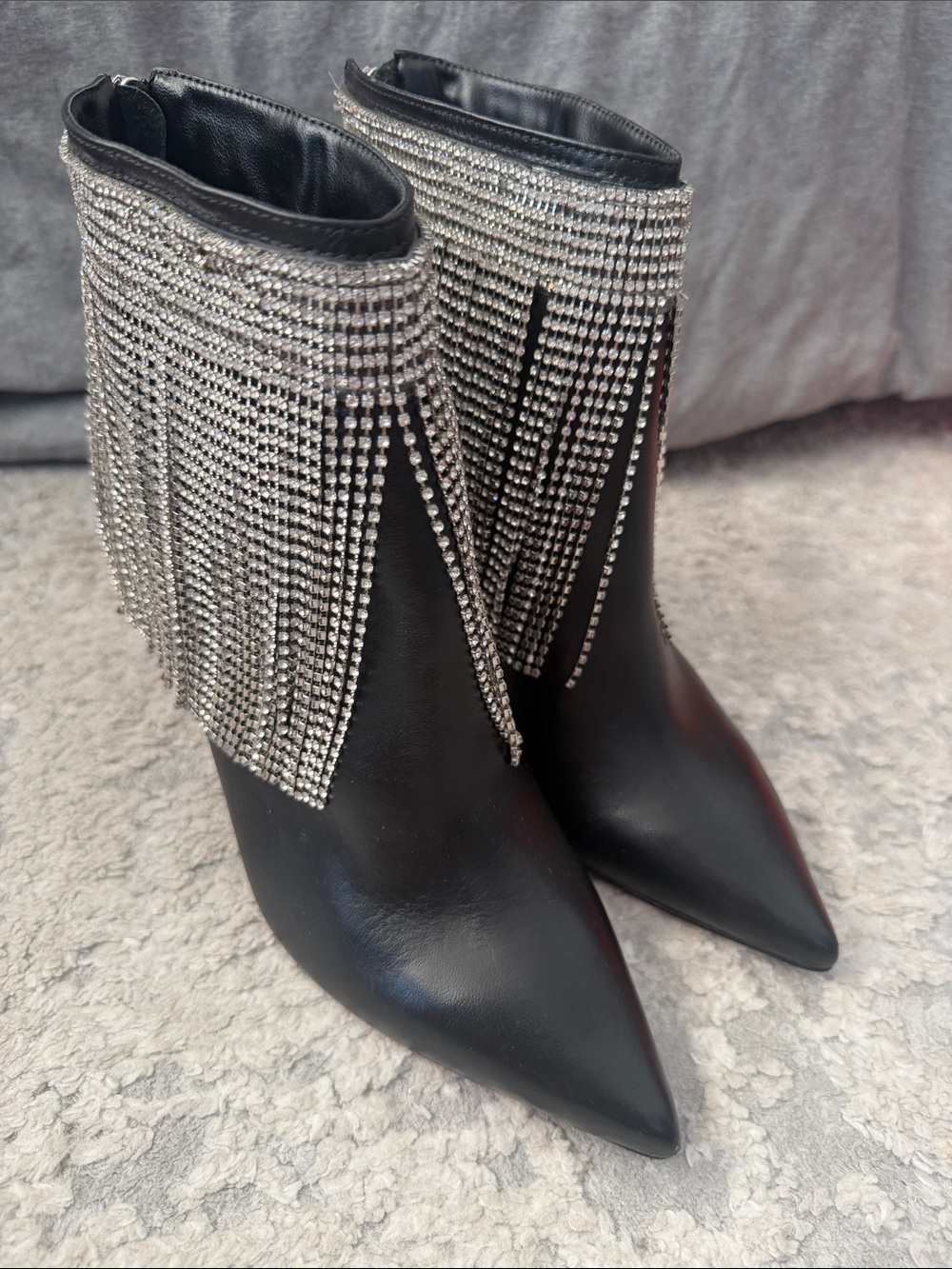 BCBGMaxAzria Black Pointed Ankle Boots with Silver Crystal Fringe